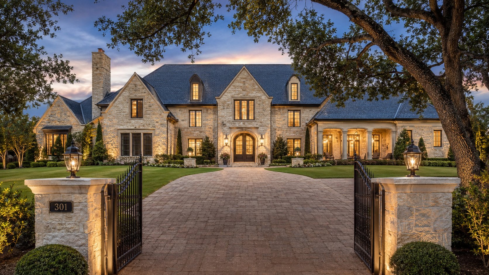 Traditional estate home with slate roof and stone exterior in Westlake Texas