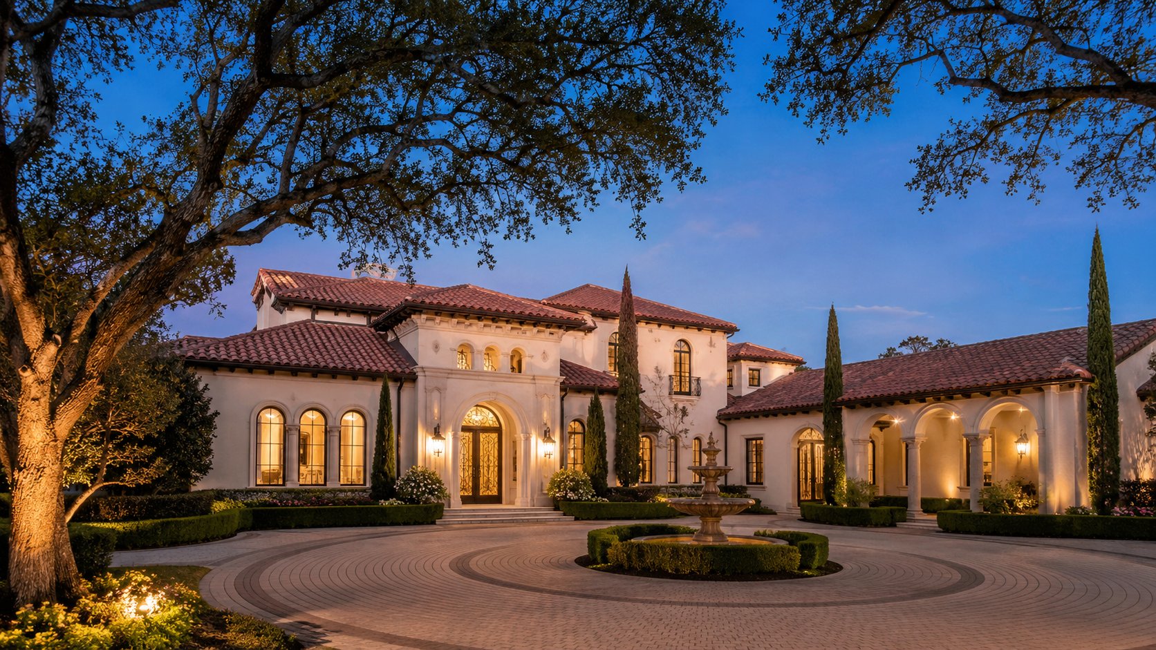 Spanish Mediterranean estate with barrel tile roof and courtyard in Westlake Texas